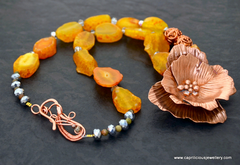 Georgia on my Mind - Copper clay flower pendant, orange agate slab nugget necklace, hand made wire copper clasp by Caprilicious Jewellery