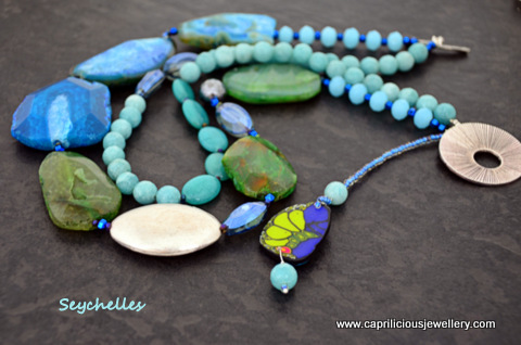 Seychelles - green and blue agate slab nugget necklace with blue jade in two strands by Caprilicious Jewellery
