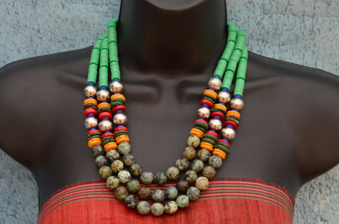 African turquoise, vinyl beads, multi strand necklace, statement necklace