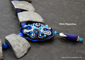 Steel Magnolias - titanium coated agate nugget beads with blue jade and a soutache pillow pendant bead by Caprilicious Jewellery