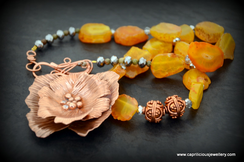 Georgia on my Mind - Copper clay flower pendant, orange agate slab nugget necklace, hand made wire copper clasp by Caprilicious Jewellery