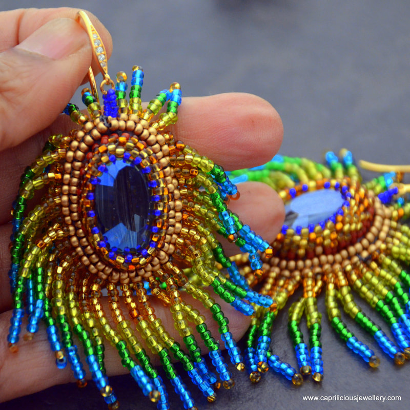 beaded earrings, bead embroidery, peacock feather earrings, crystals, statement earrings