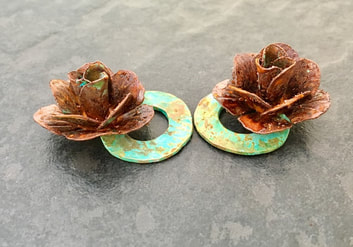 Copper roses, verdigris and red oxide patina earring components