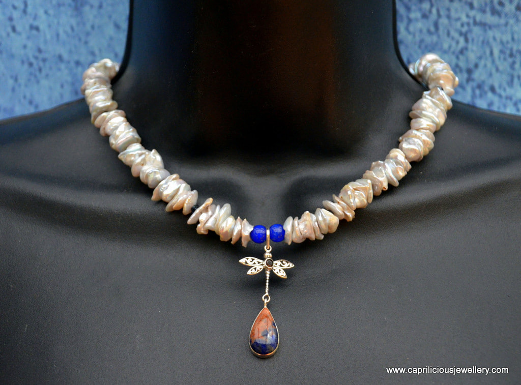 Keshi pearl and orange sodalite/silver dragonfly necklace by Caprilicious Jewellery