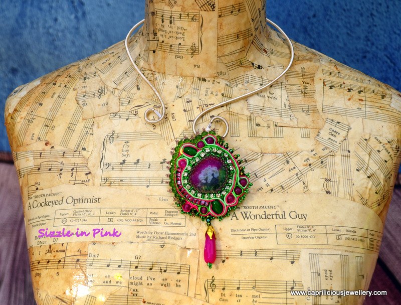 Sizzle In Pink - a solar quartz and soutache pendant on a shepherds crook torque necklace by  Caprilicious Jewellery