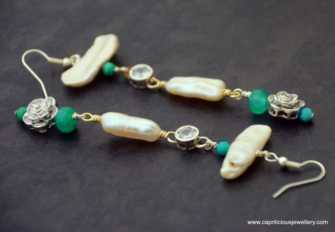earrings, onyx green, handmade, biwa pearls