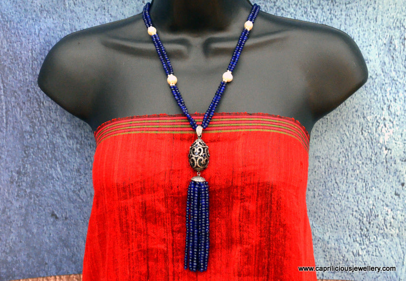 Blue jade and pearl necklace, with a detachable pendant, diamante' , tassel, Caprilicious Jewellery