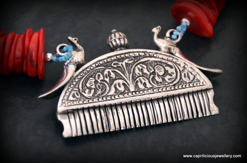 SIlver comb pendant with a coral necklace by Caprilicious Jewellery