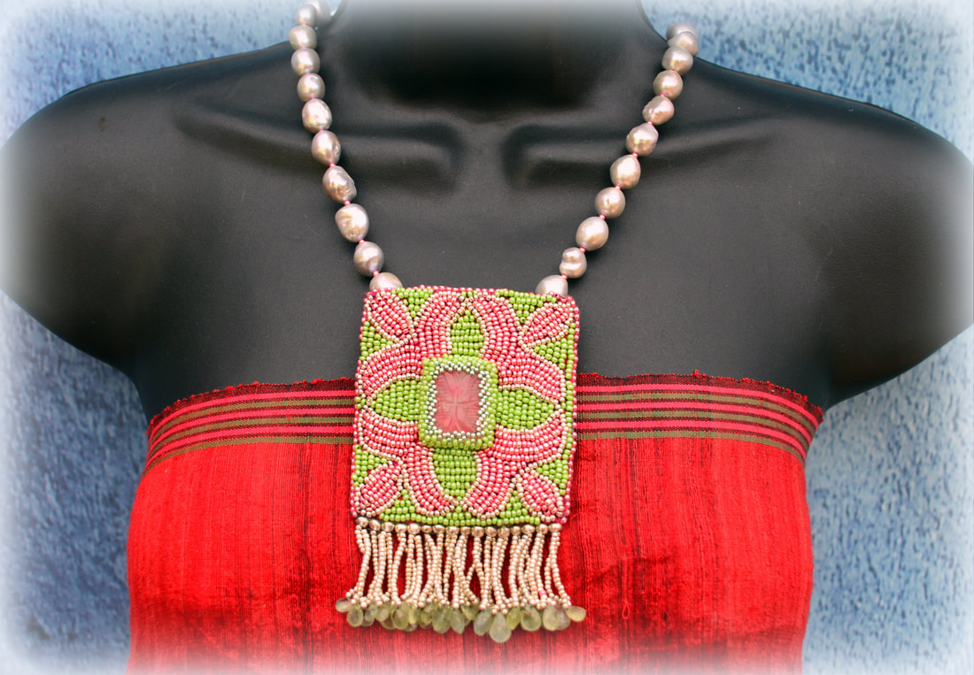 Fleur de Lys - a hand beaded pendant with Czech beads, prehnite fringe and baroque pearls by Caprilicious Jewellery, a statement necklace