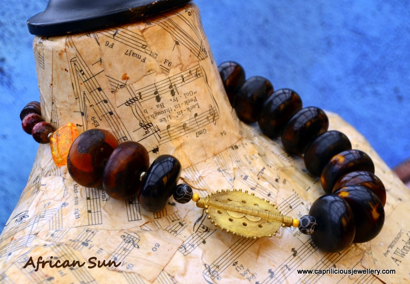 African Sun, faux amber, Baule bead, Sun bead from Kenya by Caprilicious Jewellery