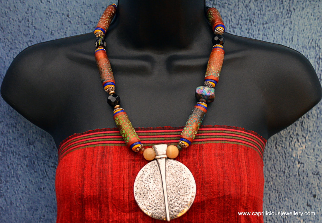 Octarine - a tribal necklace with polymer clay and Kroma Krackle  beads by Caprilicious Jewellery