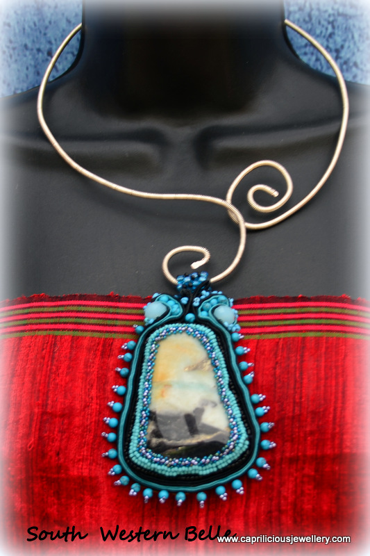 South Western belle - an Amazonite and soutache pendant by Caprilicious Jewellery on a wire torque necklace
