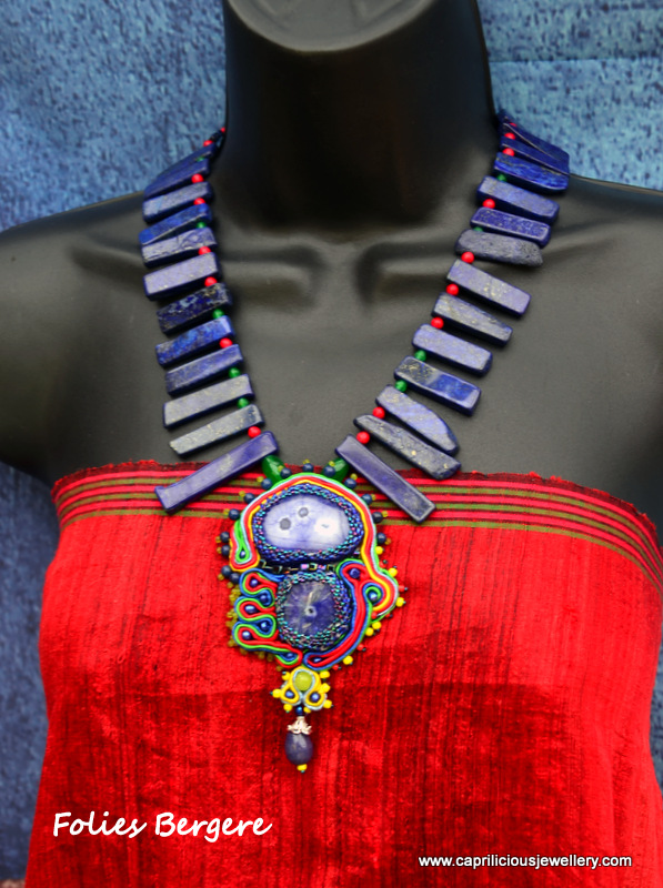 Folies Bergere - a solar quartz and soutache pendant on a necklace of rectangular lapis lazuli slab nuggets by Caprilicious Jewellery