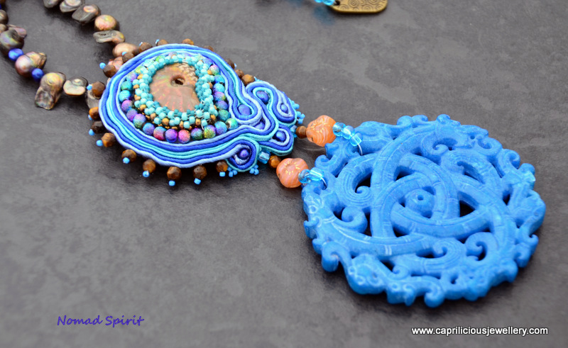 Jade and ammonite pendant in beadwork and soutache with bronze baroque pearls by Caprilicious Jewellery