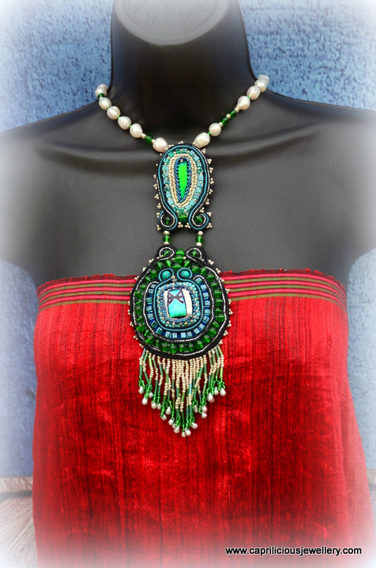 Soutache and beadwork, beetle wing jewellery, dichroic glass cabochon by Caprilicious Jewellery