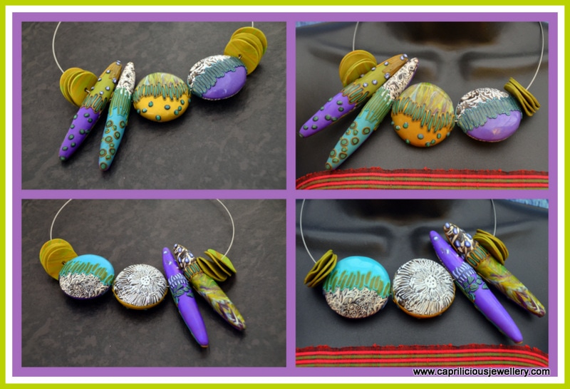 Reversible Ultralight polymer clay necklaces made by Caprilicious Jewellery.