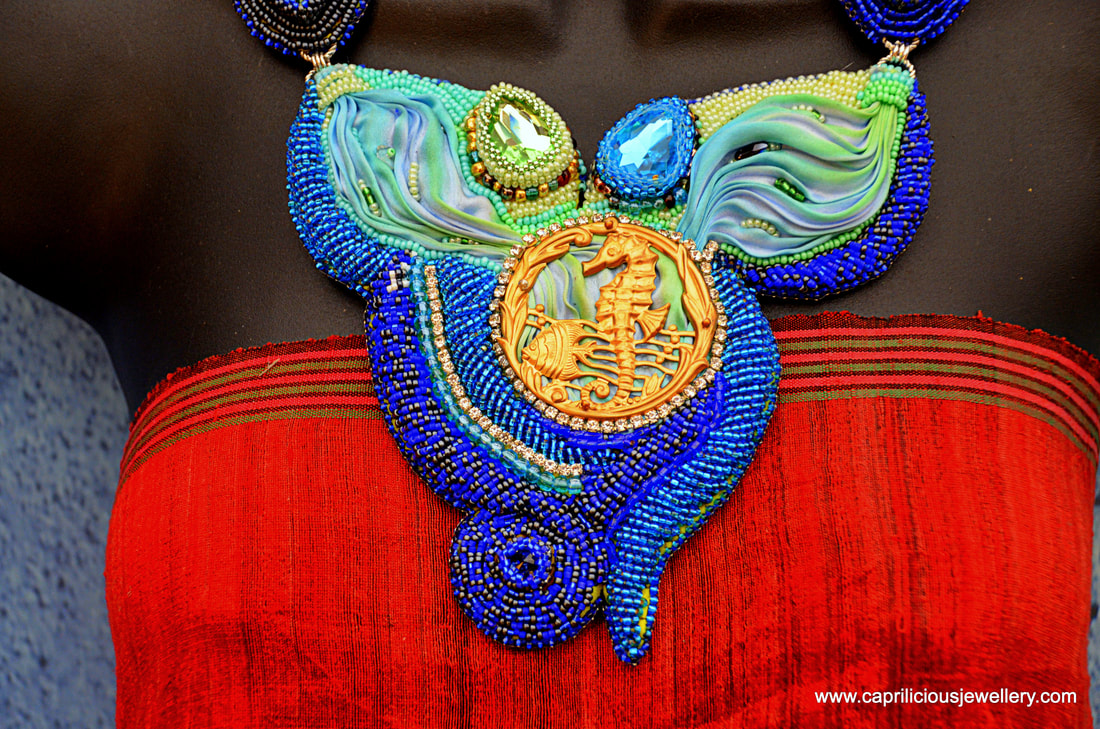 Bead embroidery, statement necklace, crystals, shibori jewellery, shibori ribbon uk, seahorse aquatic jewellery, blue and green necklace