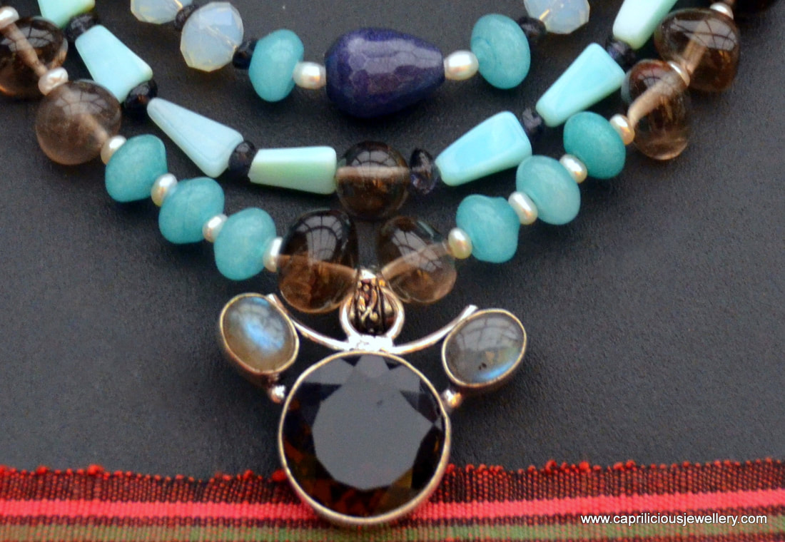smoket quartz, peruvian opal, iolite, pearls, multi strand statement necklace