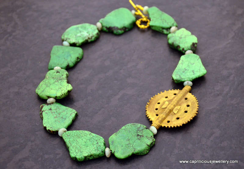 Turquoise slab nugget necklace with African bead by Caprilicious Jewellery