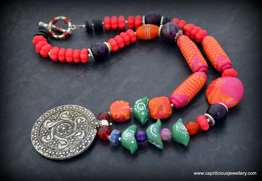 Birdie, Tribal necklace with polymer clay beads by Caprilicious Jewellery 