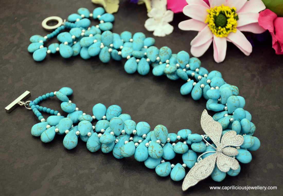 butterfly jewellery, insect jewellery, micropave, diamante, turquoise, teardrops, howlite, multistrand necklace, statement necklace