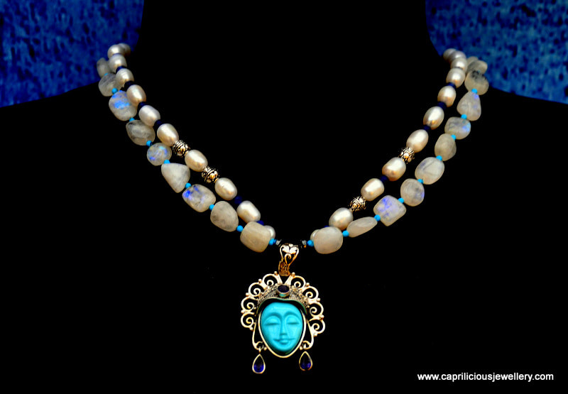 Moonstone and pearl necklace with turquoise face pendant by Caprilicious Jewellery