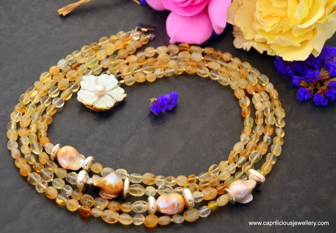 Liquid Sunshine - citrine multi strand necklace with baroque pearls by Caprilicious Jewellery