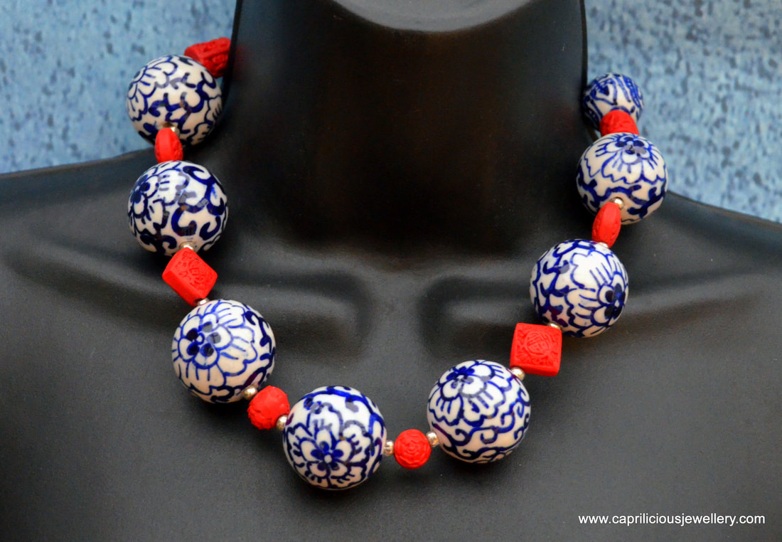 Chinese porcelain, cinnabar, statement necklace, daytime necklace, large beads