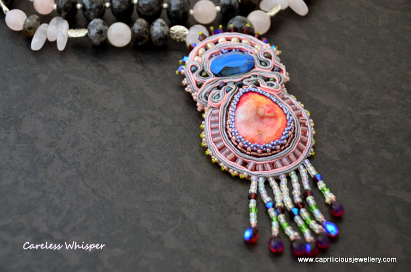 Beadwork and Soutache pendant, druzy, spectrolite, rose quartz, multi strand necklace by Caprilicious Jewellery