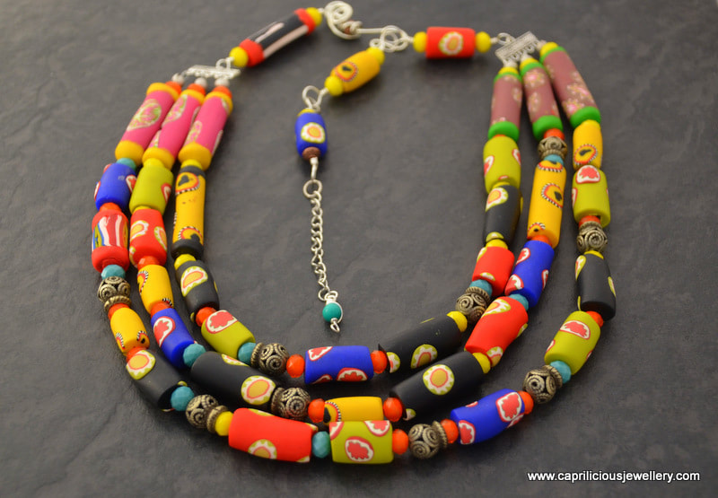 Tribal necklace with multicolour faux Trade Beads made of polymer clay by Caprilicious Jewellery