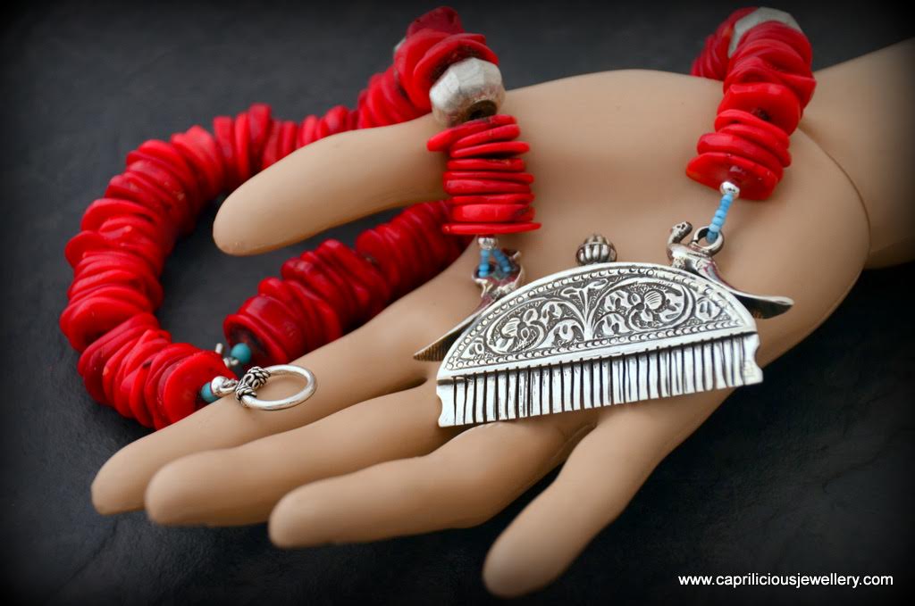 Silver comb and coral necklace by Caprilicious Jewellery