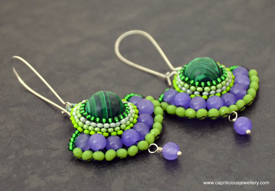 colourful earrings, malachite, purple jade, green and lilac earrings