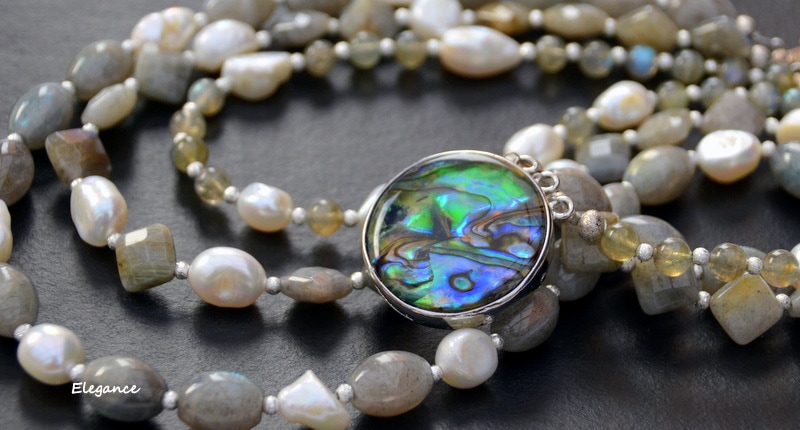 Labradorite and baroque pearls, multi strand necklace, abalone clasp, sophisticated necklace by Caprilicious Jewellery