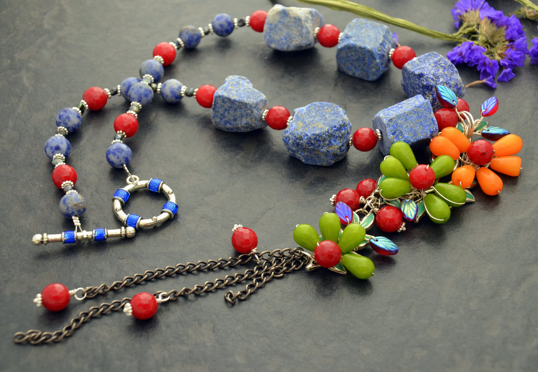 Floral necklace, lapis lazuli nugget beads, wirework, Caprilicious Jewellery