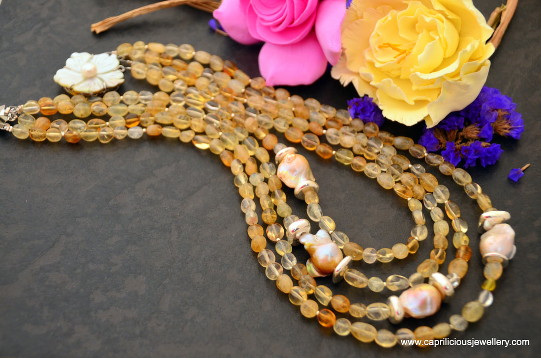 Liquid Sunshine - citrine multi strand necklace with baroque pearls by Caprilicious Jewellery