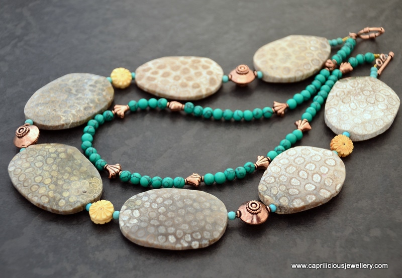 Fossil Coral slab nugget, hand carved bone flowers and turquoise and copper bead necklace by Caprilicious Jewellery