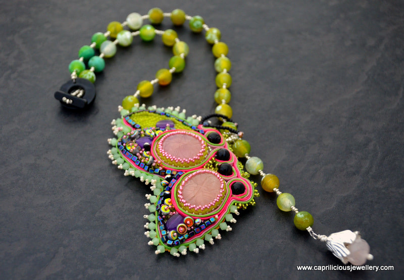 Butterfly lariat necklace, soutache and beadwork by Caprilicious Jewellery