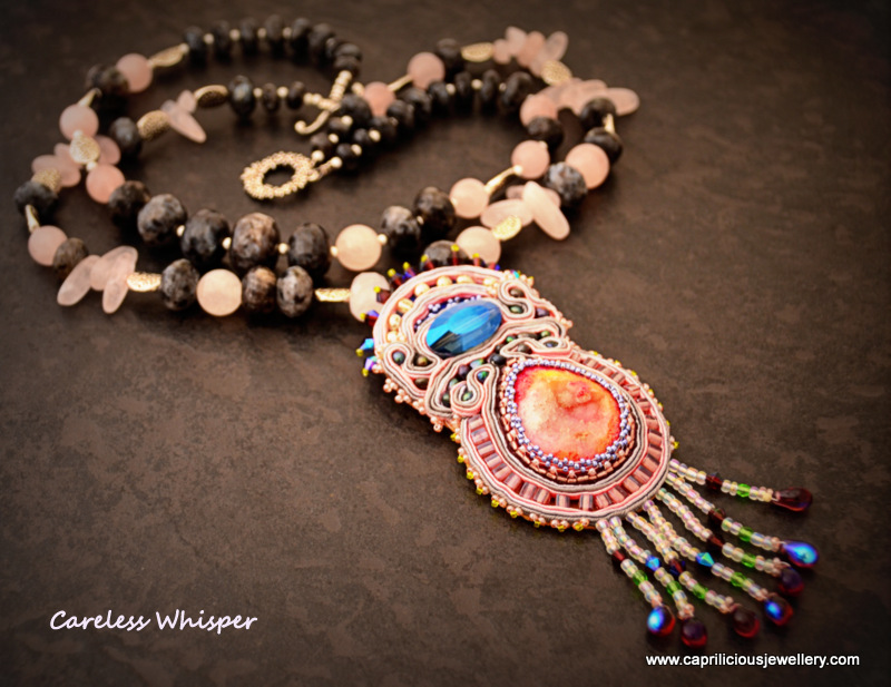 Beadwork and Soutache pendant, druzy, spectrolite, rose quartz, multi strand necklace by Caprilicious Jewellery