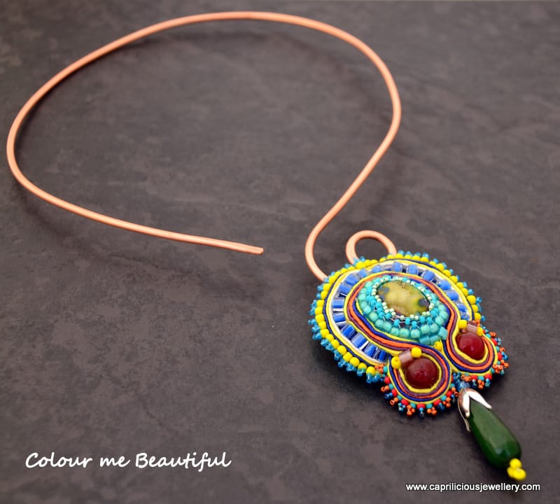 Colour Me Beautiful - colourful soutache and druzy pendants on non tarnish copper wire torque necklaces by Caprilicious Jewellery