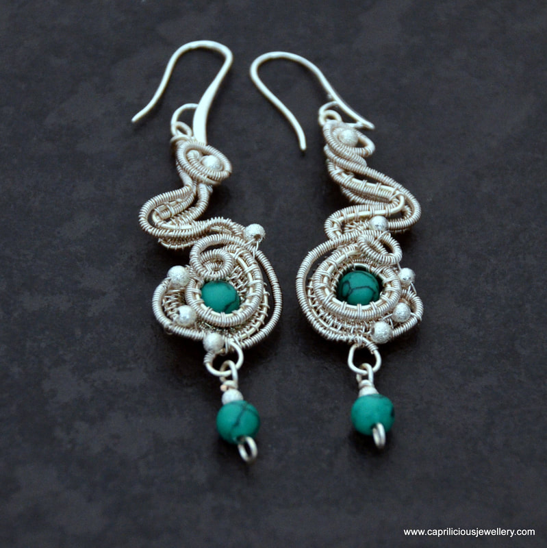 Wire and turquoise snake earrings, wirework, nicole hanna design