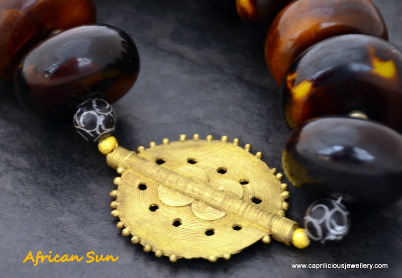 African Sun, faux amber, Baule bead, Sun bead from Kenya by Caprilicious Jewellery