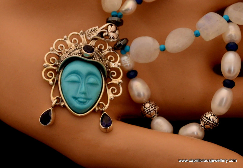 Moonstone and pearl necklace with turquoise face pendant by Caprilicious Jewellery