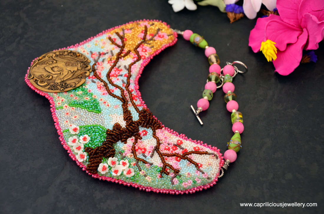 Bead embroidery, Cherry Blossom necklace, floral jewellery, statement necklace, Japanese bead embroidery, pink necklace, Art nouveau, vintaj, 