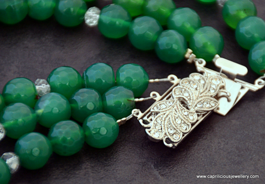 Baroque green onyx necklace with a diamante and green quartz pendant with a pearl tassel by Caprilicious Jewellery