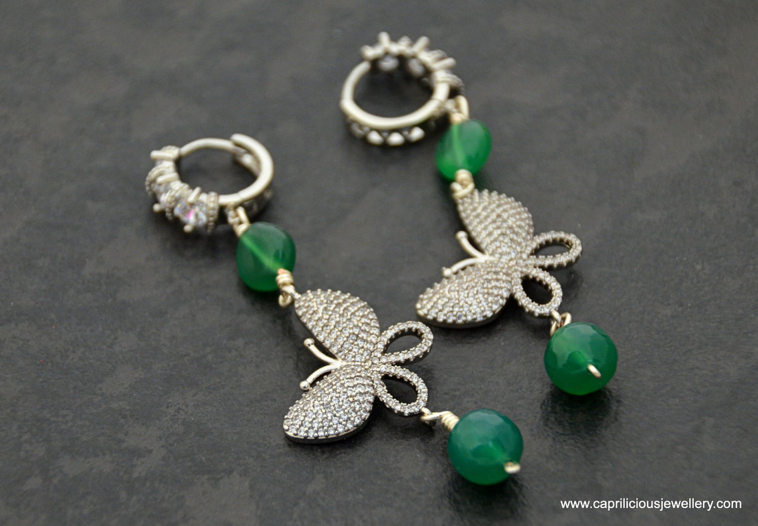 Bling, micro pave, butterflies, green onyx, statement earrings, evening earrings, diamante