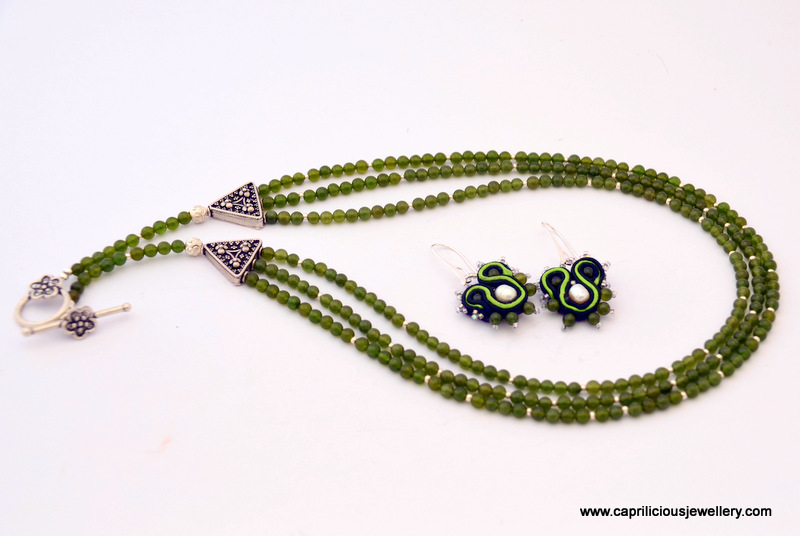 Jade and silver multi strand necklace and soutache earrings by Caprilicious Jewellery