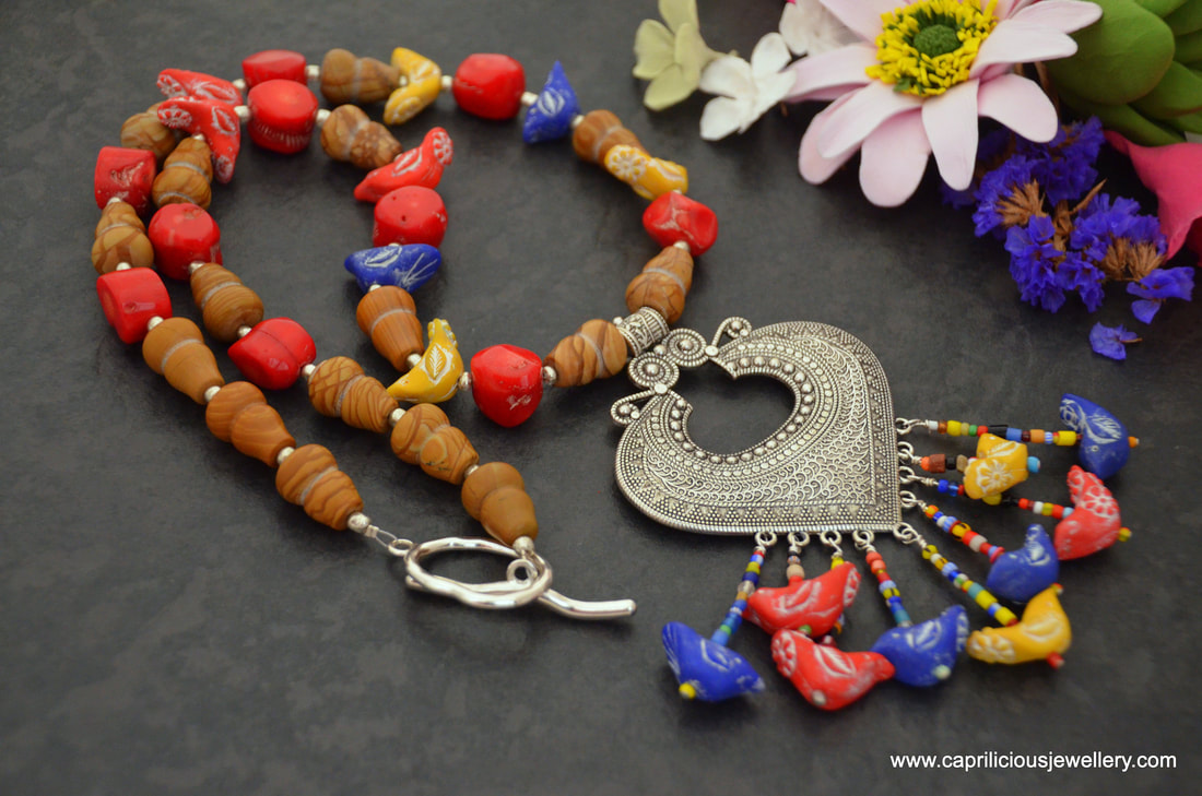 polymer clay birds, polymer clay beads, wood jasper, coral, tassel necklace