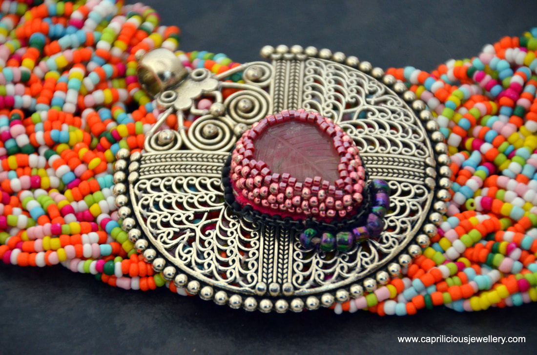 bib necklace, statement necklace, seed beads, rose quartz
