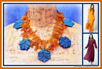 Blue agate leaves, hand carved, yellow jasper needles in a two strand necklace by Caprilicious Jewellery
