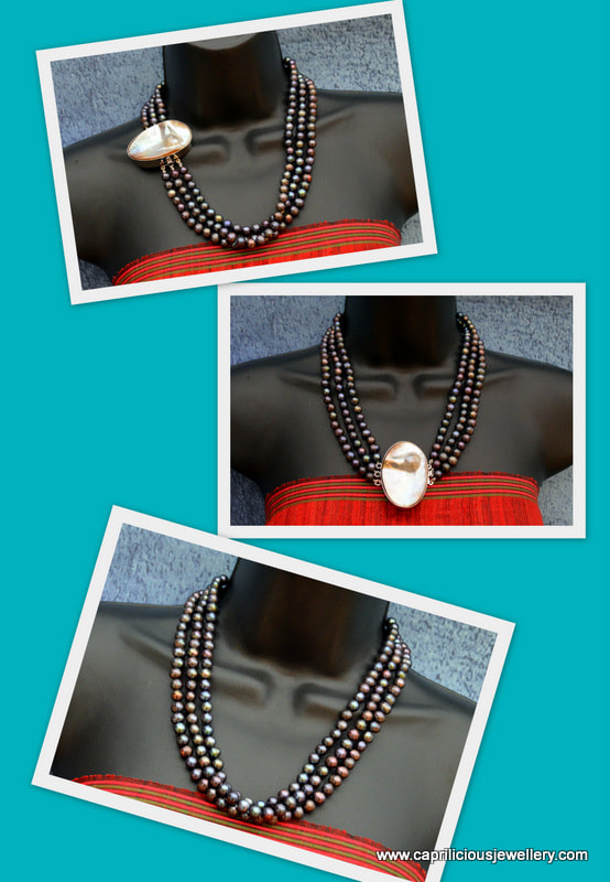Blister pearl clasp and rainbow pearls in a multistrand necklace, Caprilicious Jewellery